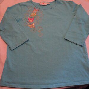 Quacker Factory Turquoise Top with butterflies - Size Small